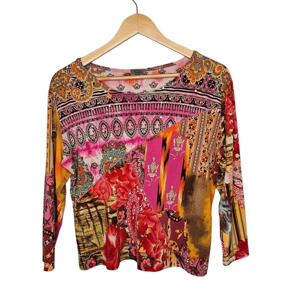 CAIA Womens Top XL 3/4 Sleeves Boho Mixed Print Stretchy Rhinestones Artsy Y2K